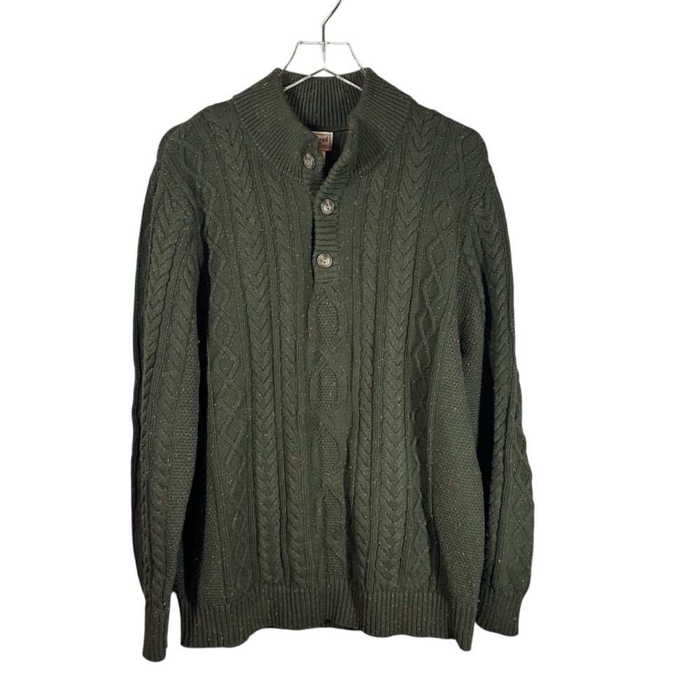 L.L.BEAN Men's XL Green Speckled Organic Cotton Cable Knit Fisherman Sweater